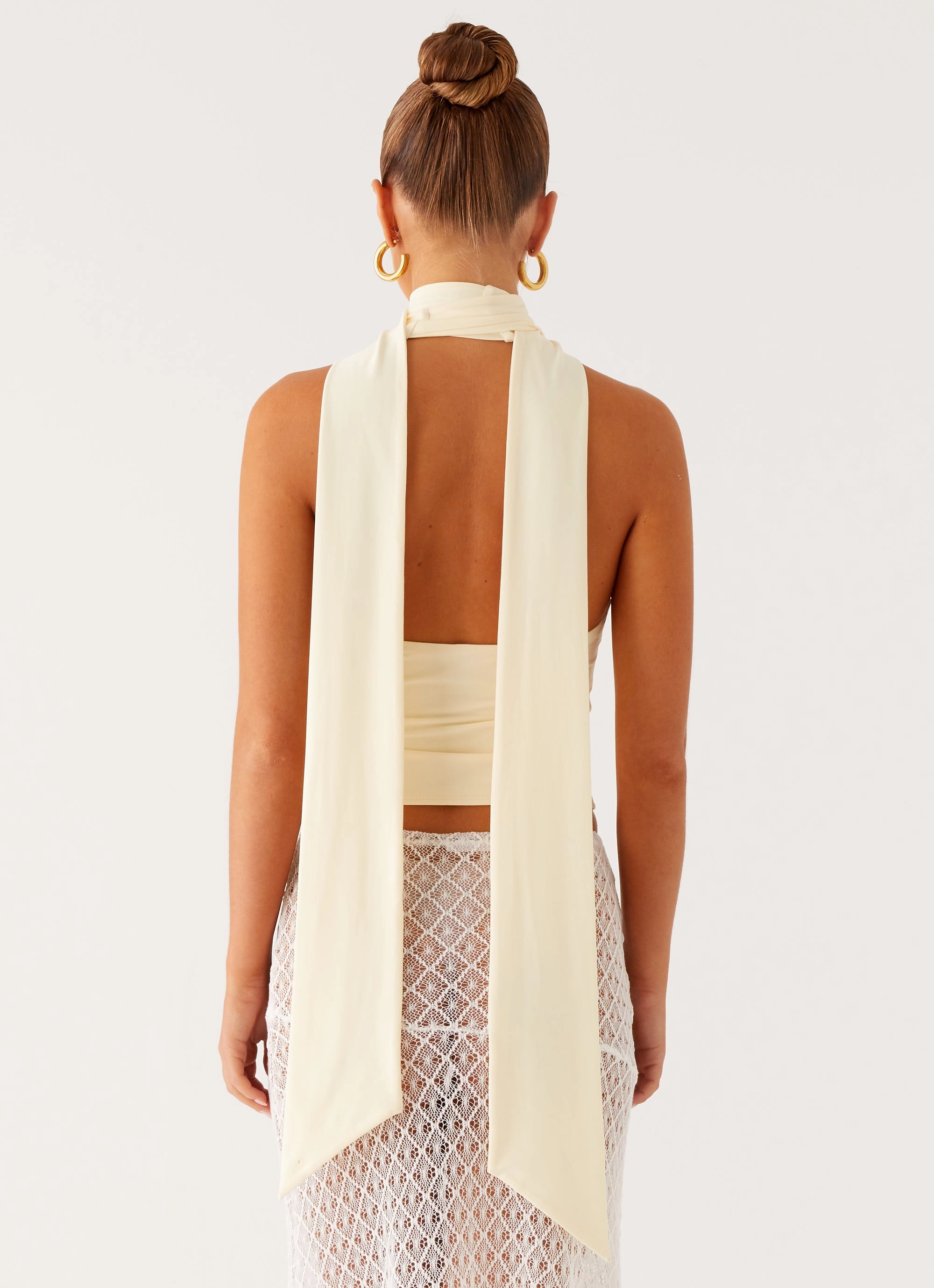 Milos Scarf Halter Neck Top - Yellow Stretch Knit Material