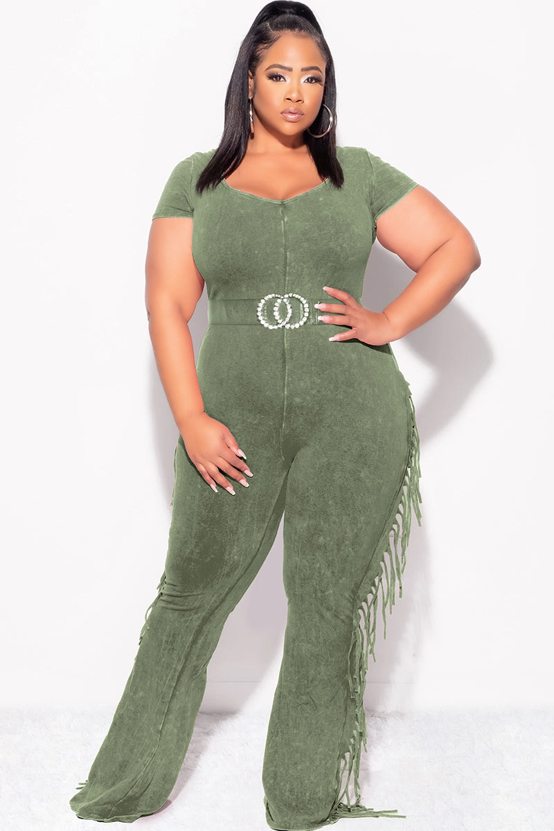 Zip-off legs Premium Look Final Sale Plus Size Fringe Jumpsuit in Olive