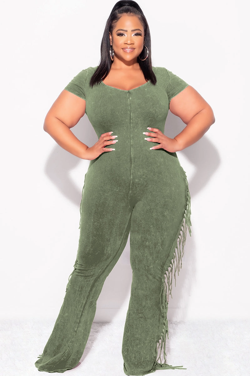 Light Stretch Final Sale Plus Size Fringe Jumpsuit in Olive