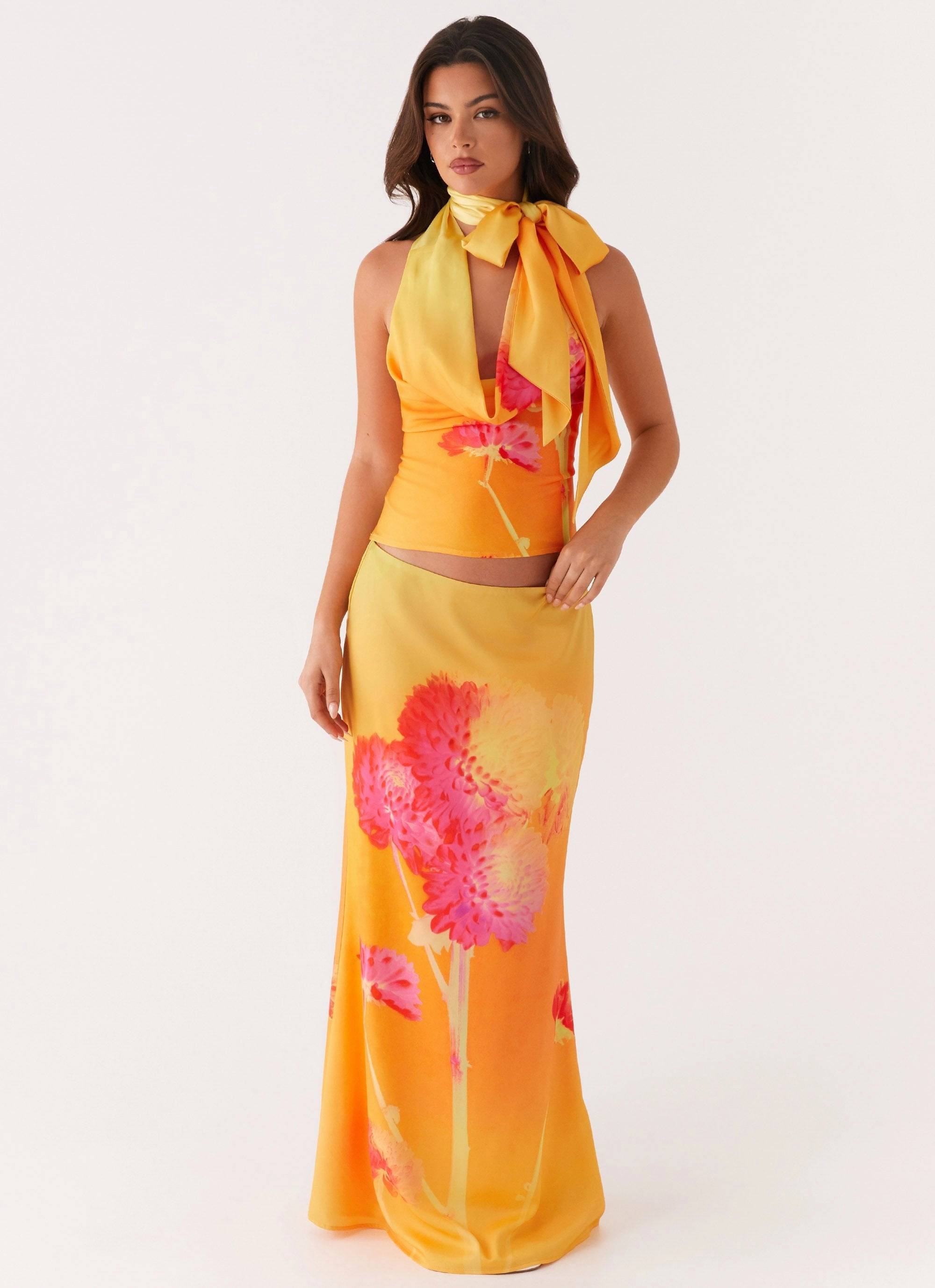Nala Top - Orange Floral Midweight Four Way Stretch Soft Touch Blend