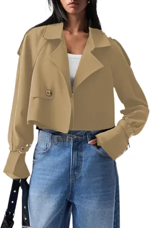 Verdusa Women's Button Front Buckle Raglan Sleeve Crop Jacket Trench Coat