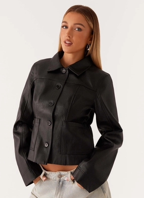 Double Layered Fabric Verona Faux Leather Jacket - Black