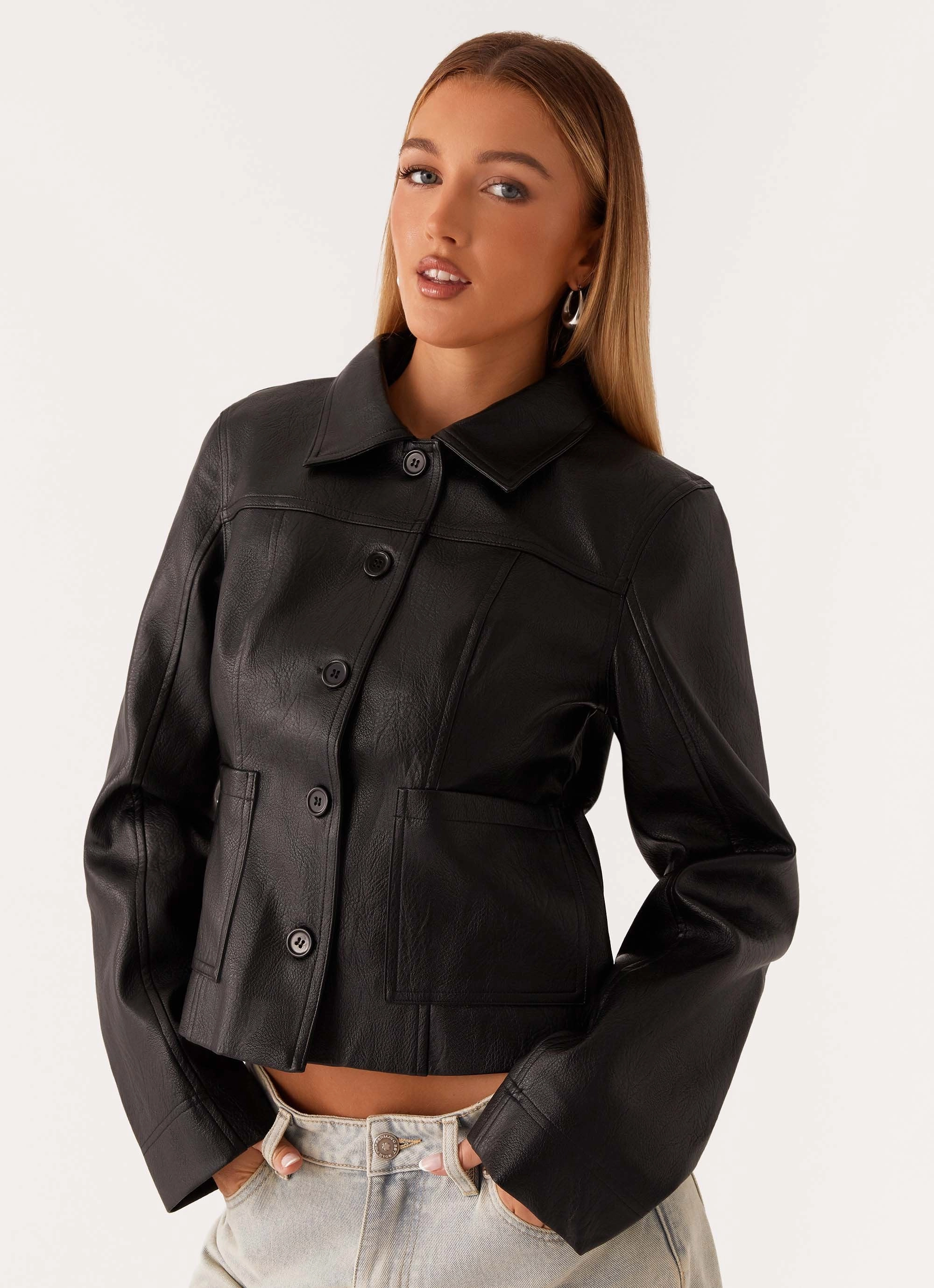 Double Layered Fabric Verona Faux Leather Jacket - Black