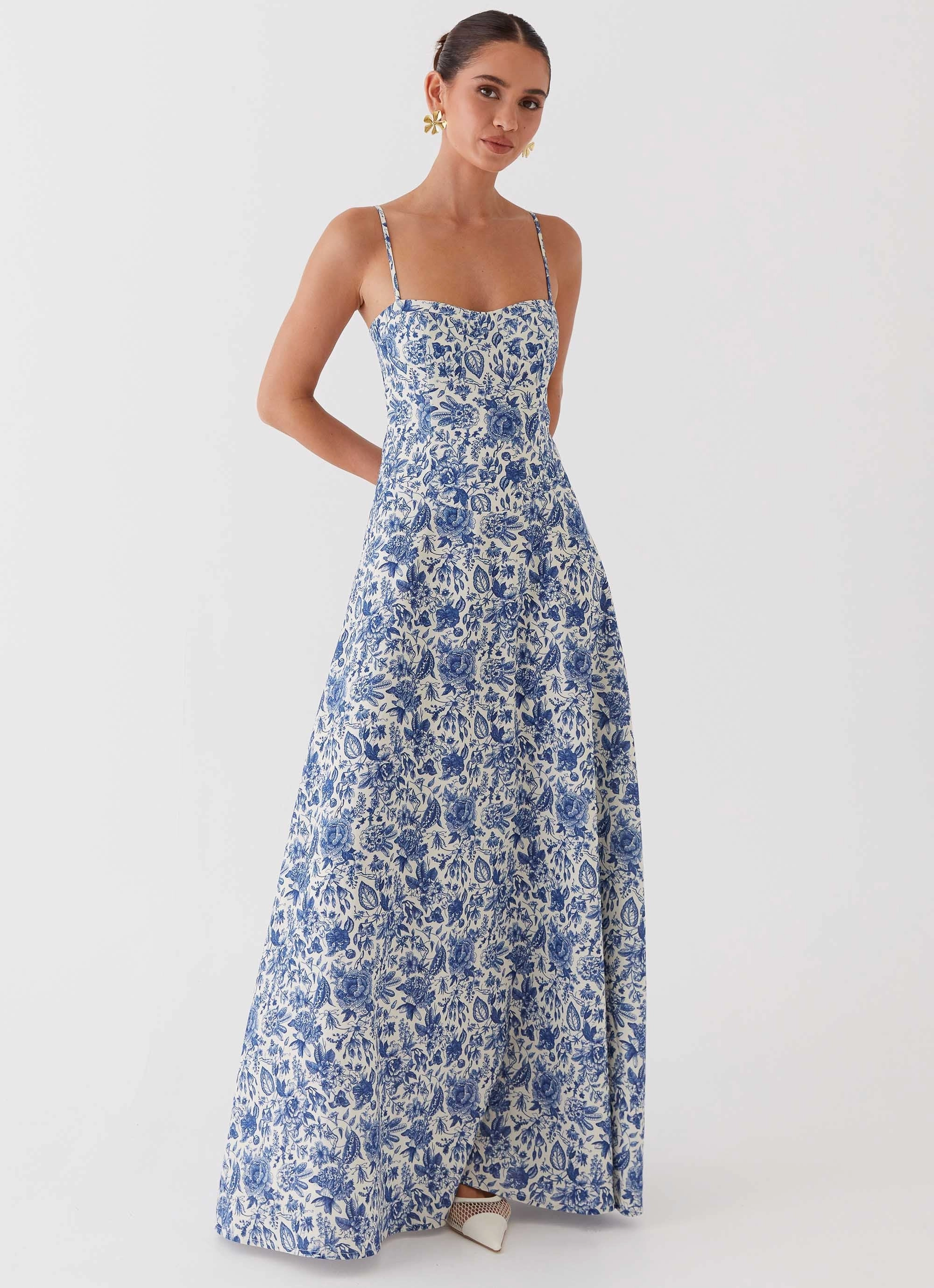 Angelina Linen Maxi Dress - Blue Paisley Lightweight Fit