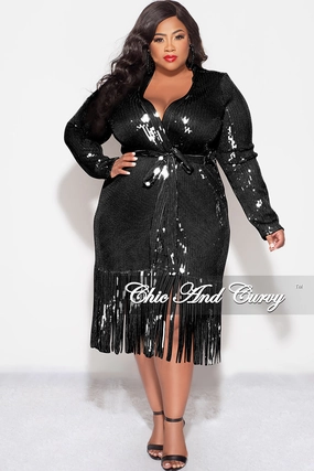 Final Sale Plus Size Faux Sequin Duster with Belt in Black FrictionResistant Fabric Flexible Waistband Adaptation