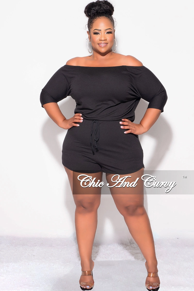 Non Restrictive Fit Chill Ready Final Sale Plus Size Off the Shoulder Romper in Black