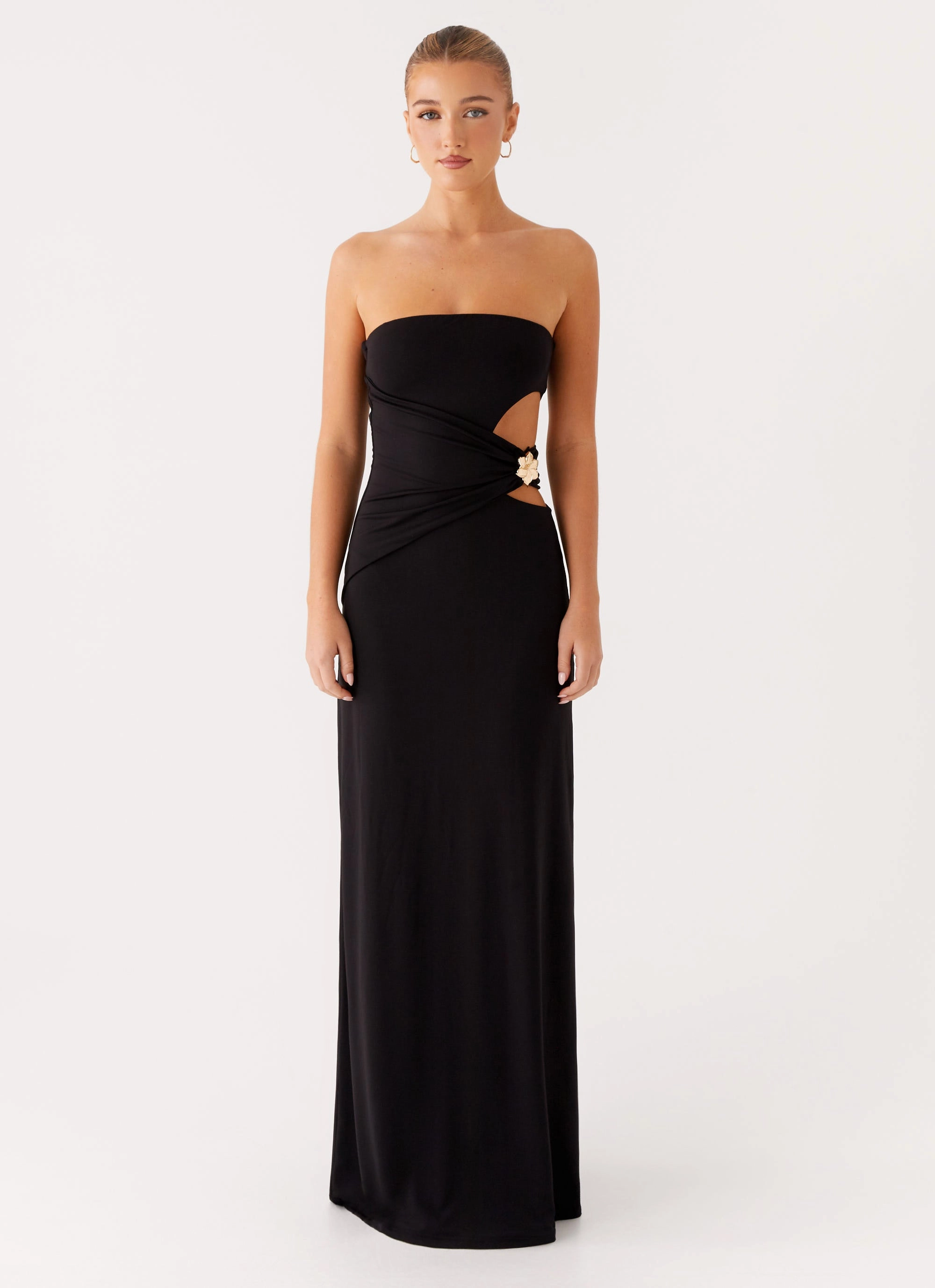 Anetta Maxi Dress - Black Patterned-Fabric Sleek Drape