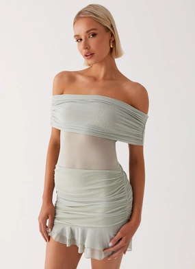 Nelly Off Shoulder Mini Dress - Pistachio Clean Fit