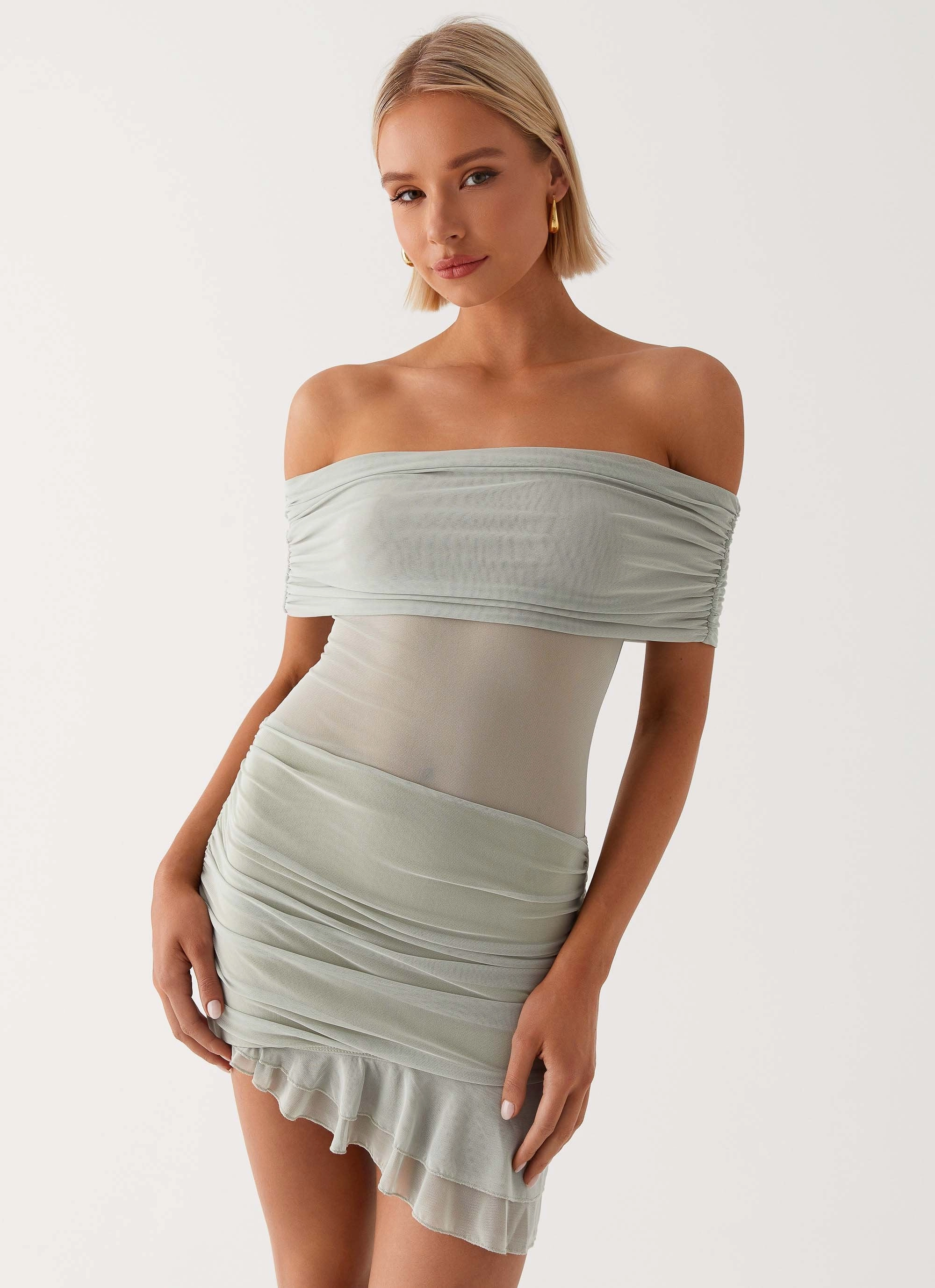 Basic Shape Nelly Off Shoulder Mini Dress - Pistachio