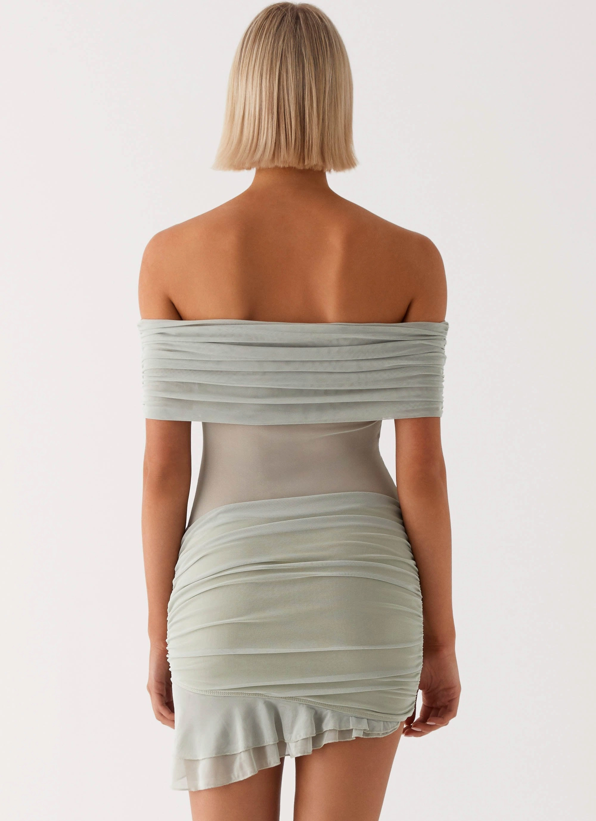 Elastic Fit Nelly Off Shoulder Mini Dress - Pistachio
