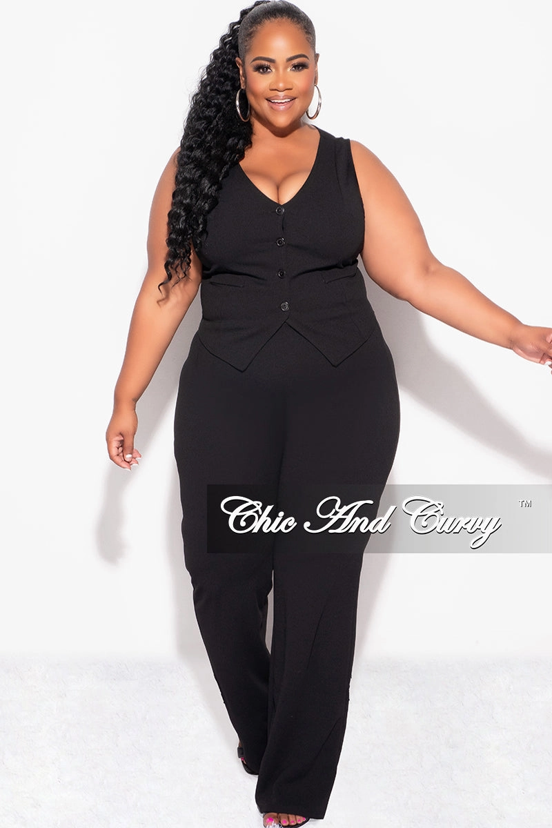 Final Sale Plus Size 2pc Sleeveless Blazer Vest and Pants Set in Black No Ride Up Design Stretch Fit