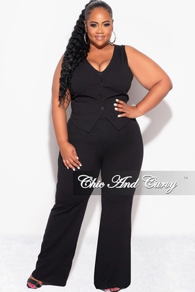 Final Sale Plus Size 2pc Sleeveless Blazer Vest and Pants Set in Black Soft Brushed Lining Lightweight Fit
