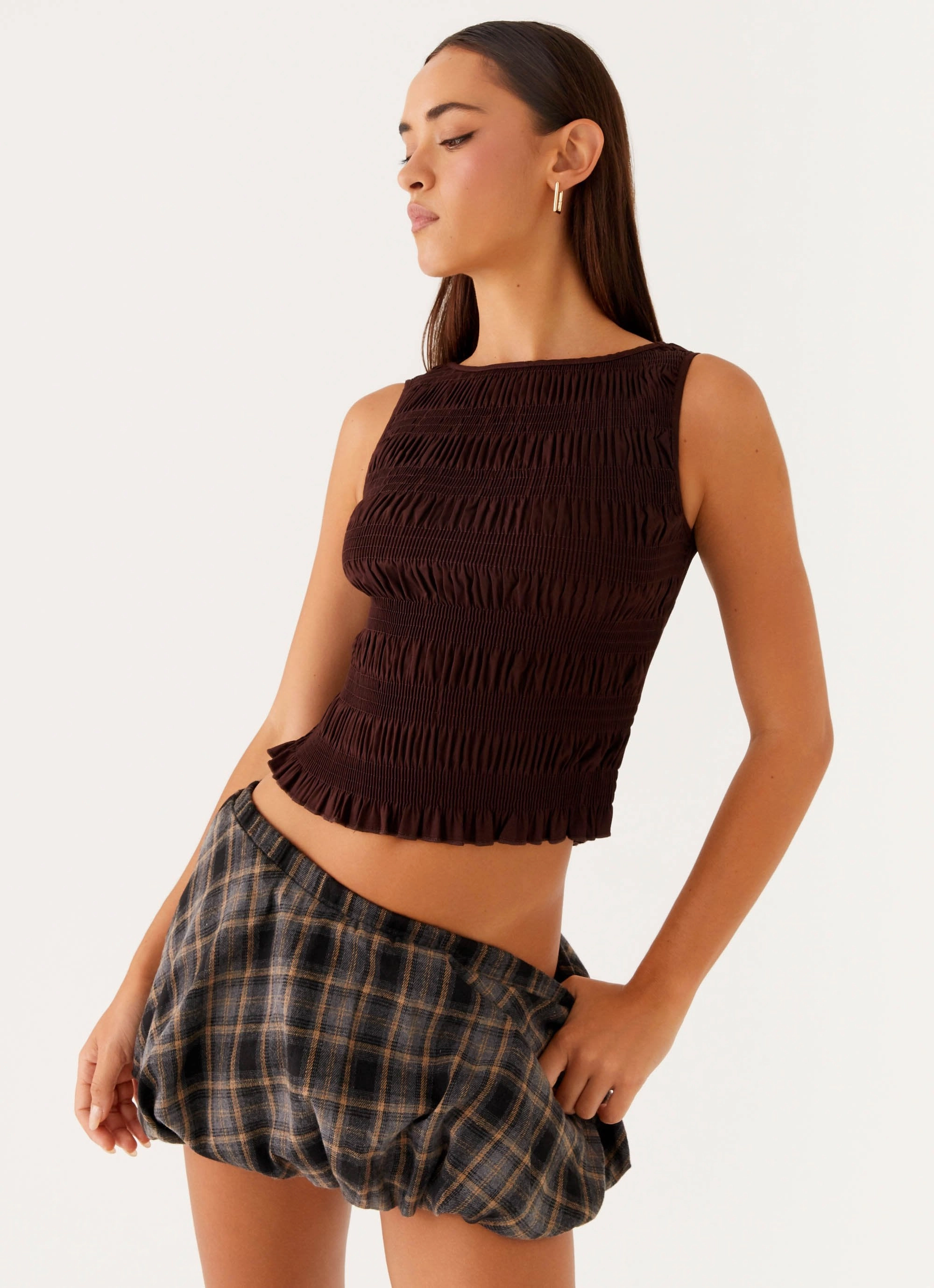 Garden Kisses Shirred Top - Brown Flexible Ribbing FadeResistant Coating