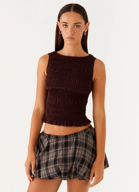 Non Restrictive Armhole Cut StretchFabric Garden Kisses Shirred Top - Brown