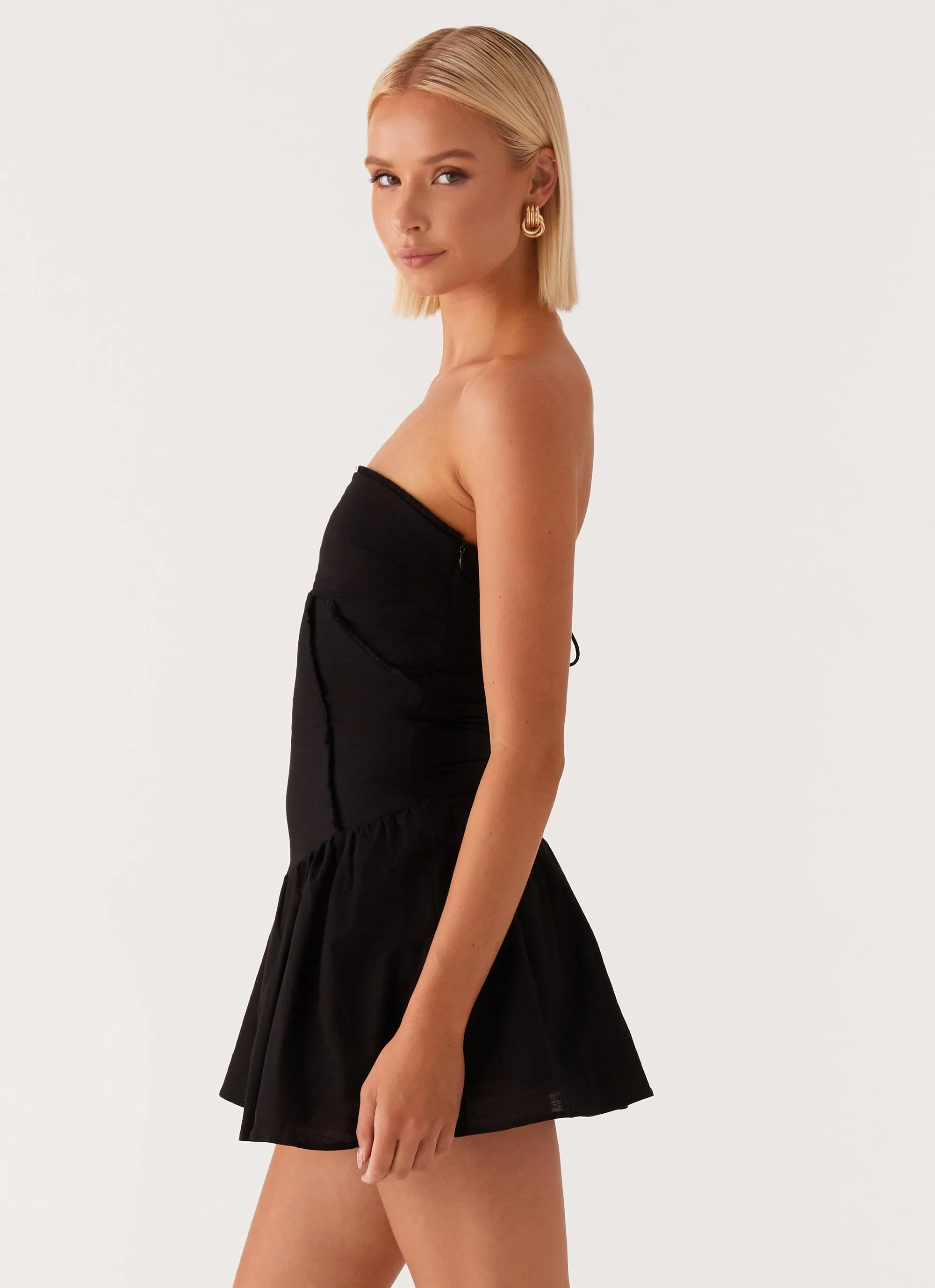 Classic and Modern Dreamy Drape Larnie Linen Mini Dress - Black