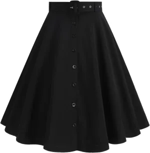 Vintage Button Down Ruffle Midi Skirt for Women High Waist Pleated Knee Length Skirt Casual Business A Line Skirts