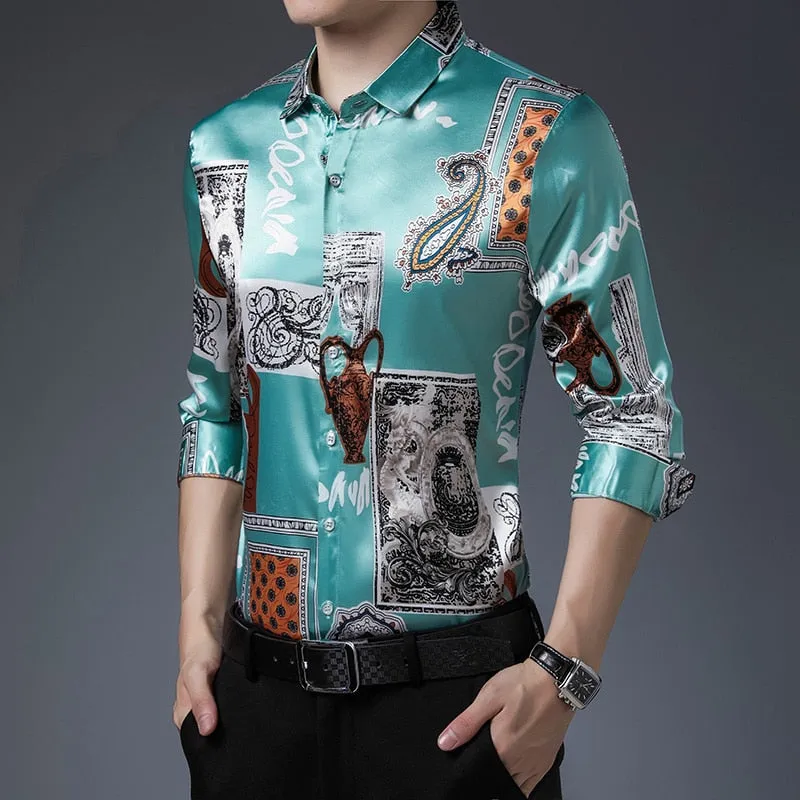 Vintage Patchwork Pattern Printed Long Sleeve Shirt