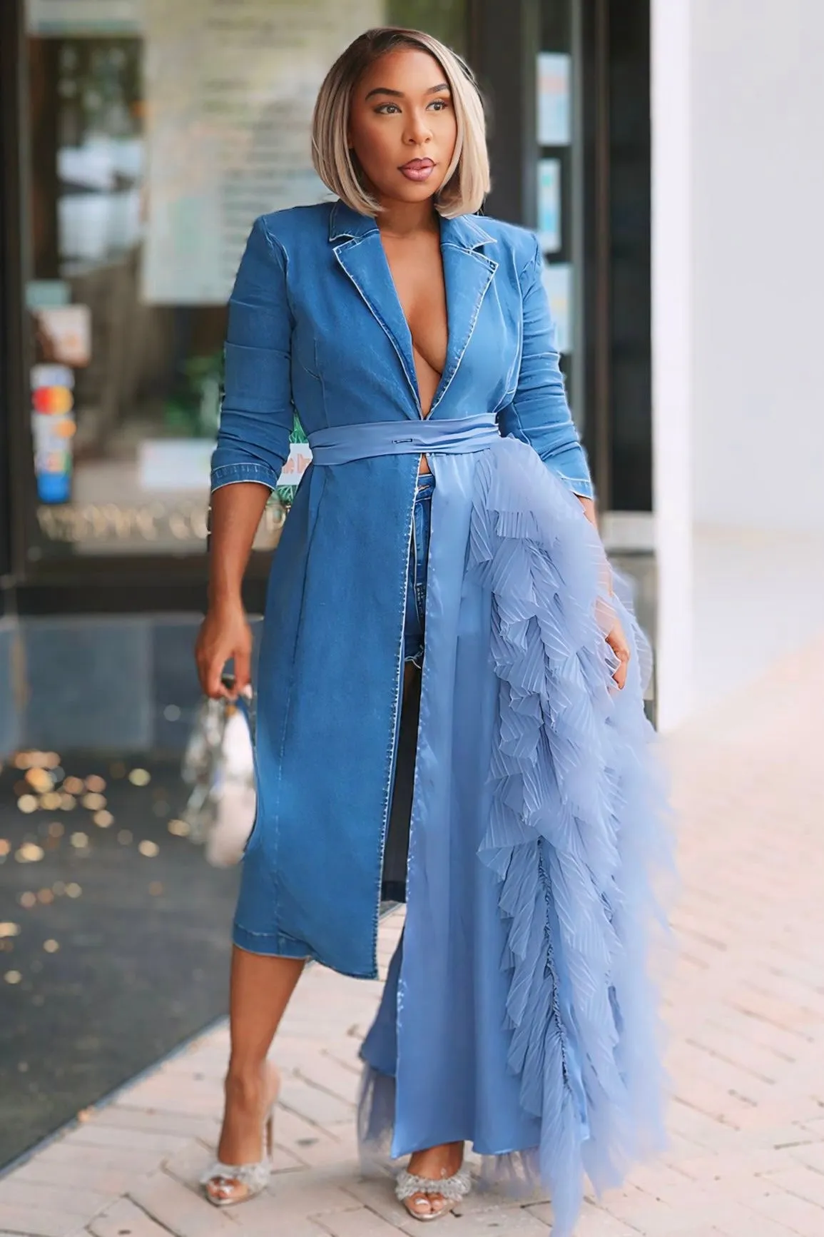 Classic and Chic Simple Shape Viola Lux Waterfall Blazer Dress -Denim