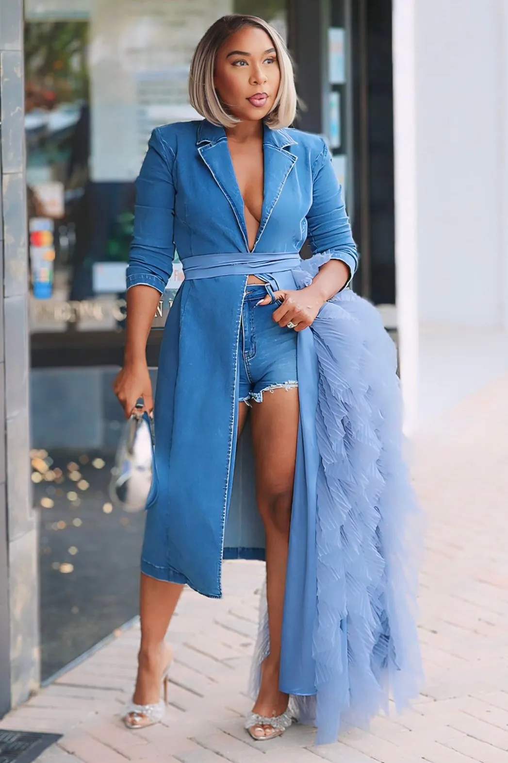 Viola Lux Waterfall Blazer Dress -Denim Chic and Cozy Wear