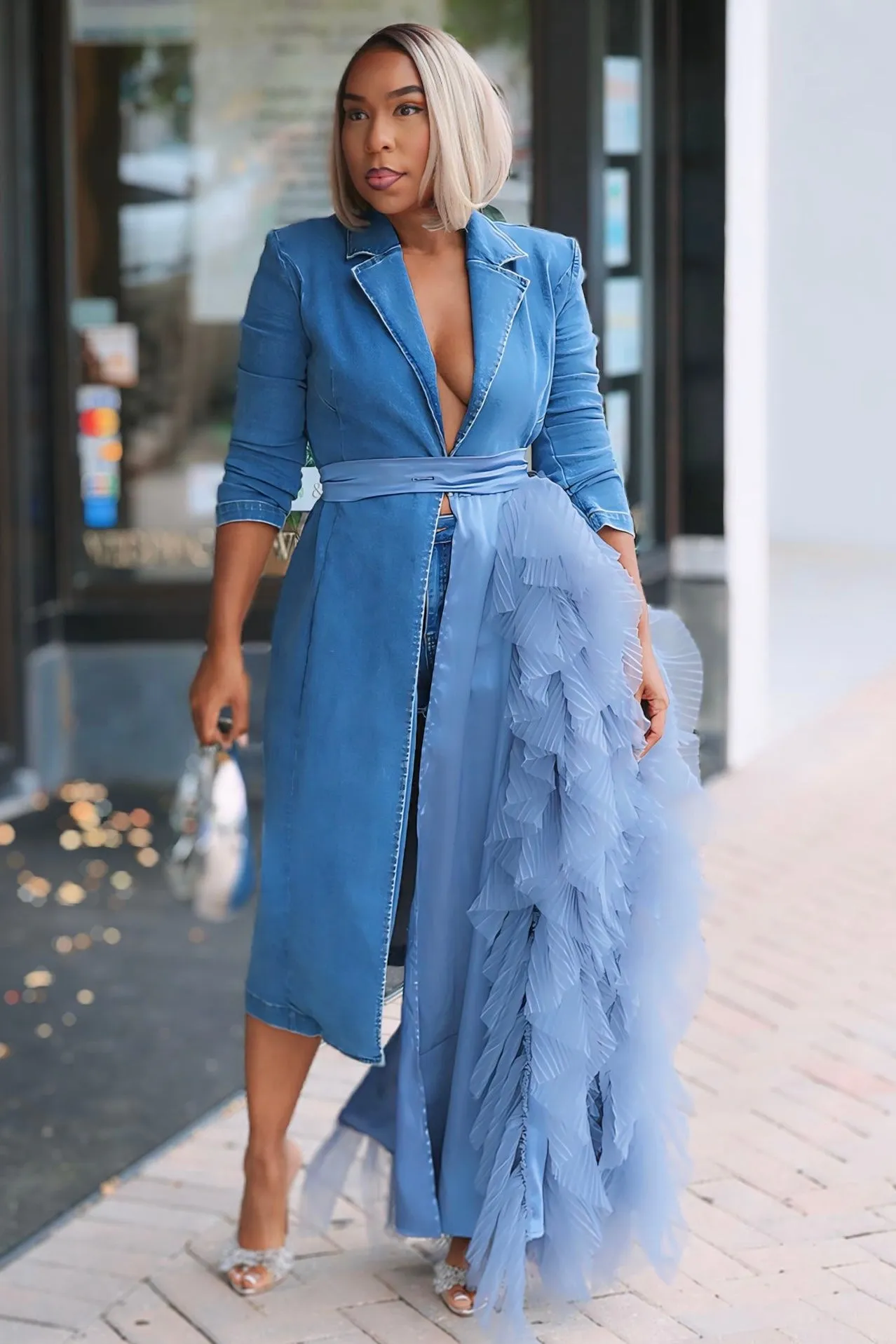 Viola Lux Waterfall Blazer Dress -Denim Pure Stitch Classic wrap dress