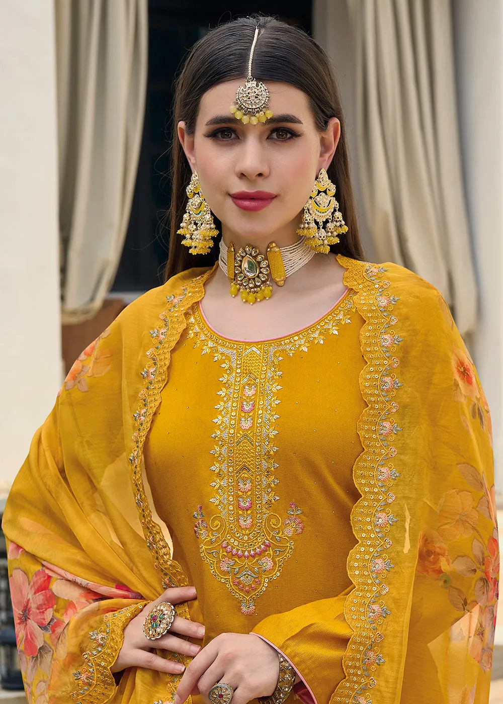Viscose Silk Bright Yellow Pakistani Pant Style Salwar Suit