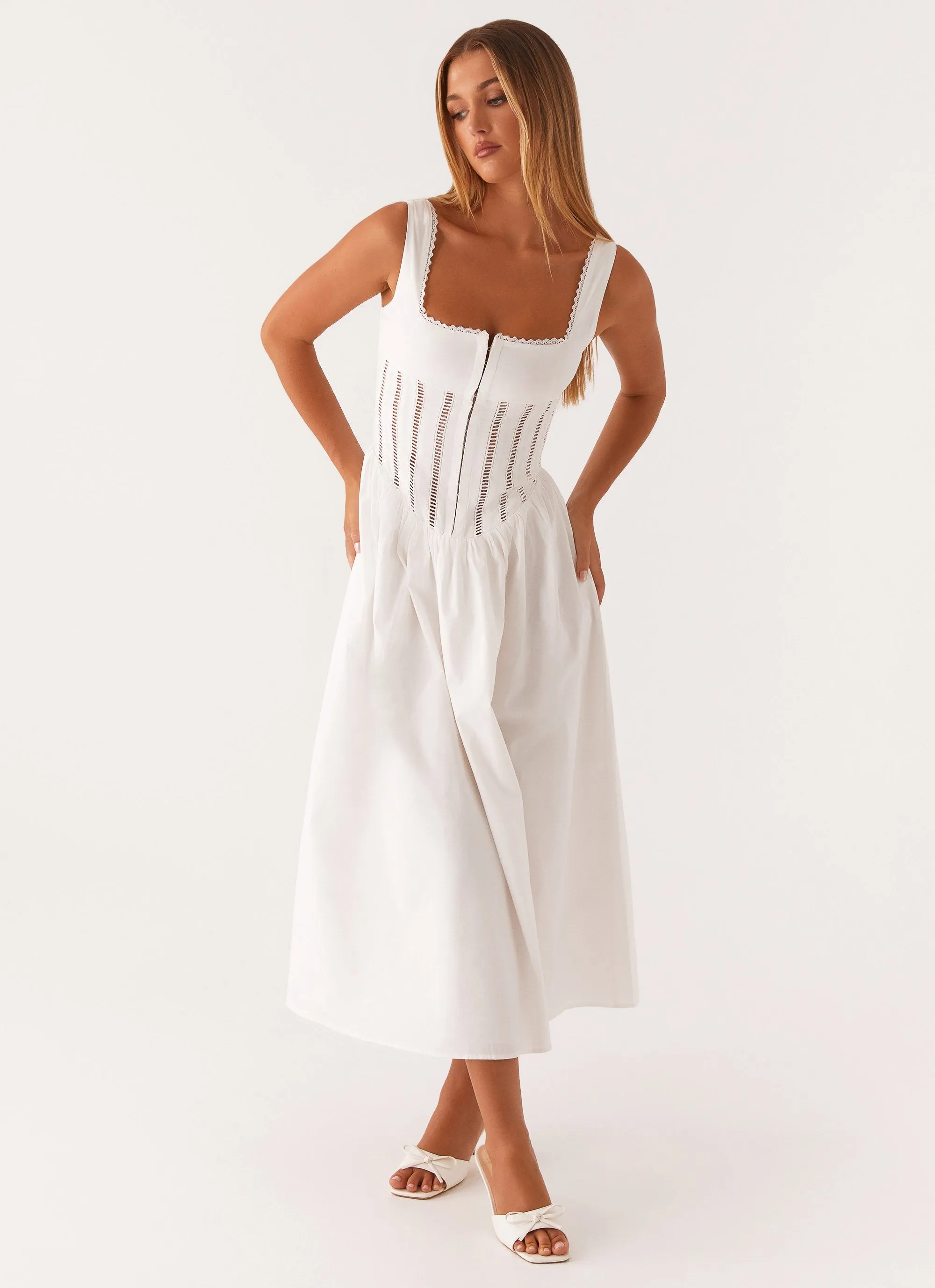Waiting On You Midi Dress - White Feminine Cut Casual Vibes