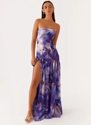 Eden Strapless Maxi Dress - Purple White Lilly Pose Glow Casual-Look