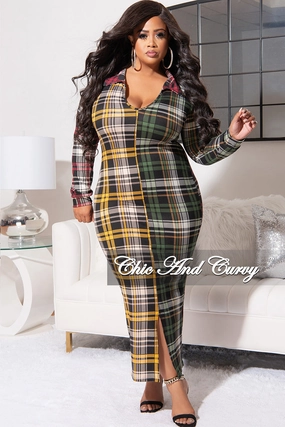 Final Sale Plus Size Collar Midi Dress with Back Slit in Multi Color Plaid Print Moisture wicking Durable Twill