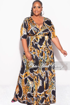 Final Sale Plus Size Deep V Faux Wrap Dress with 3/4 Sleeves in Orange Black Print Adaptable Fit Perfect Pair