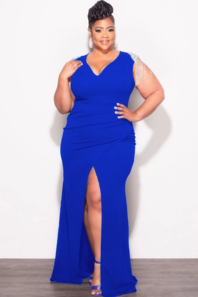 Fitted Design Rugged Wear Final Sale Plus Size Deep V  Rhinestone Fringe Shoulder With Maxi Dress in Royal Blue