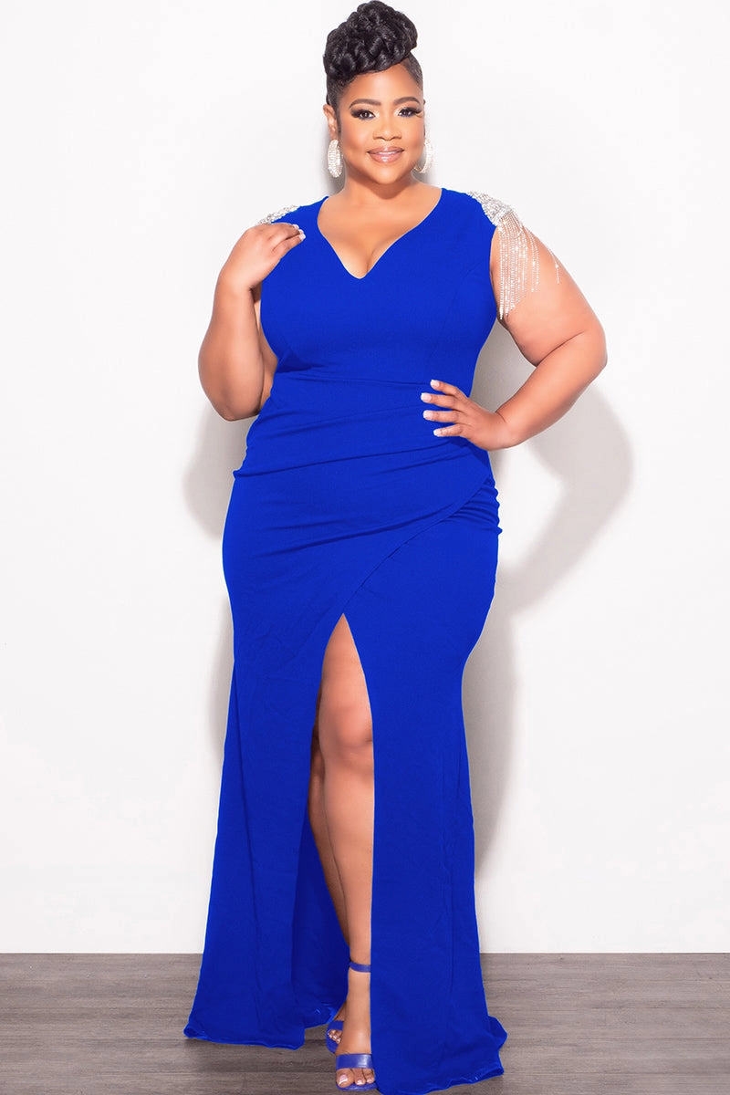 Fitted Design Rugged Wear Final Sale Plus Size Deep V  Rhinestone Fringe Shoulder With Maxi Dress in Royal Blue
