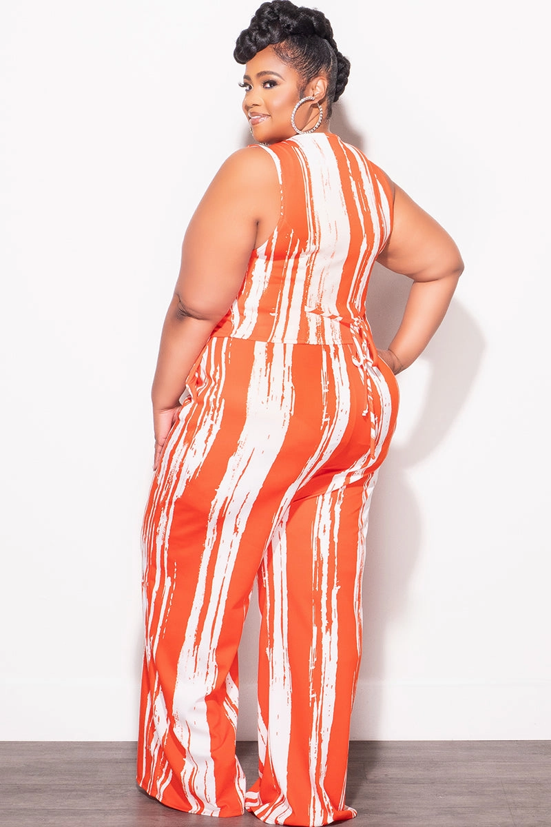 Final Sale Plus Size 2pc Sleeveless Blazer Vest and Pants Set in Orange and White Non Restrictive Fit Comfort Wearable