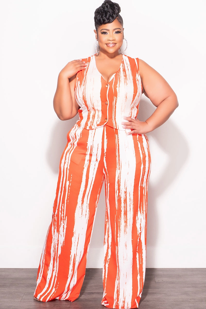 Final Sale Plus Size 2pc Sleeveless Blazer Vest and Pants Set in Orange and White Moisture control Stretch Support Fit