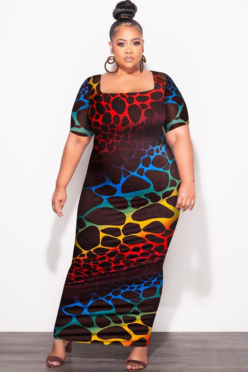 Final Sale Plus Size BodyCon Dress in Brown Background & Multi-Color Giraffe Print Performance Ready Breathable Comfort Design