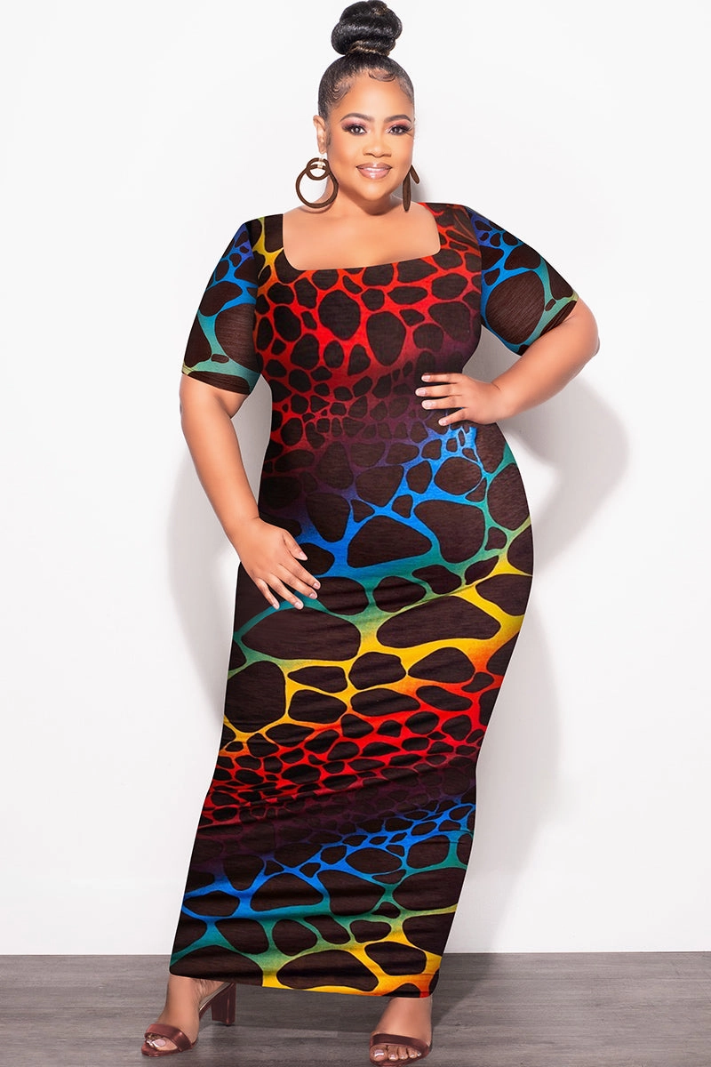 Flattering Comfort Final Sale Plus Size BodyCon Dress in Brown Background & Multi-Color Giraffe Print