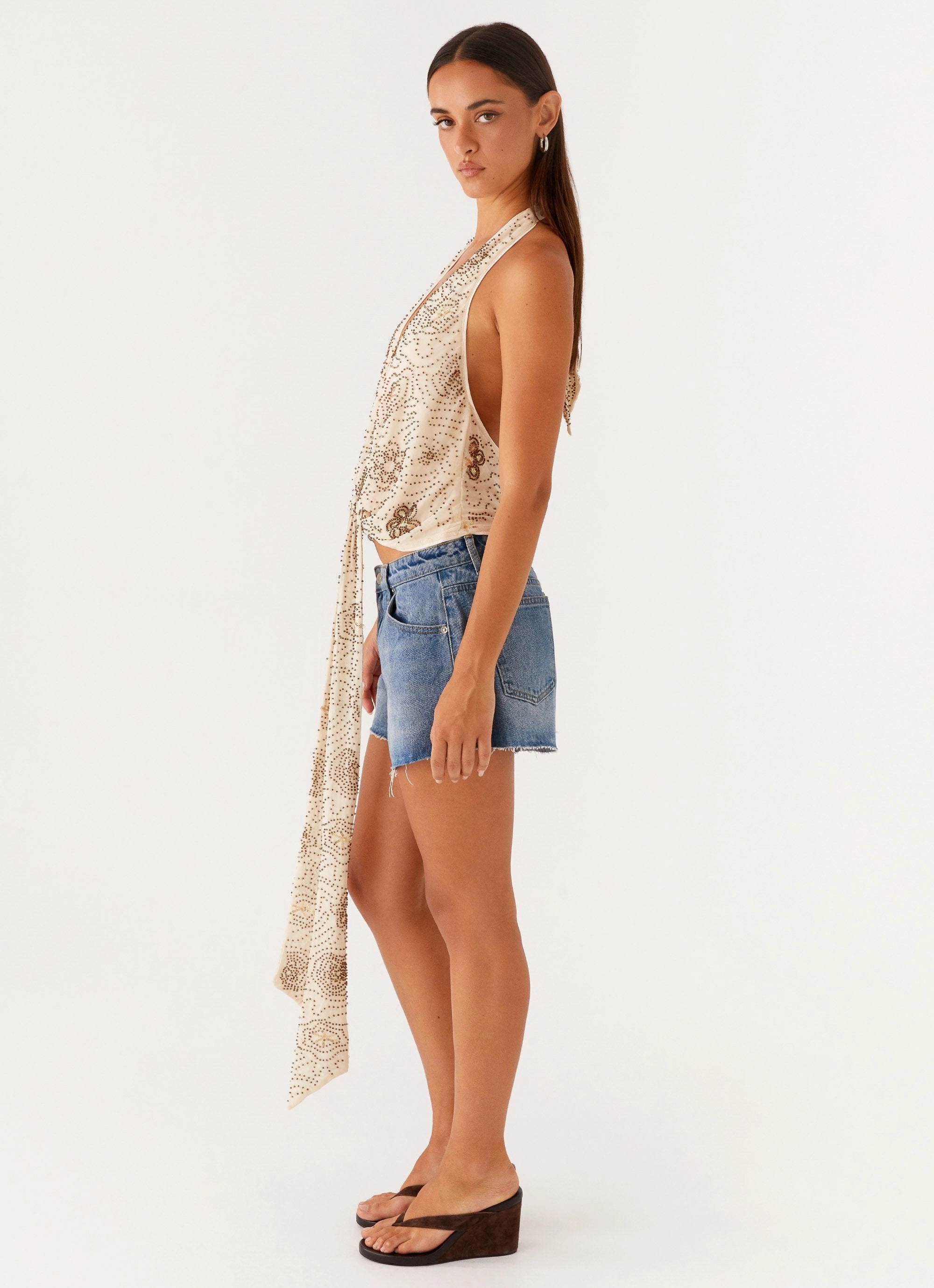 AdjustableHemCuffs Neptune Halter Top - Light Beige