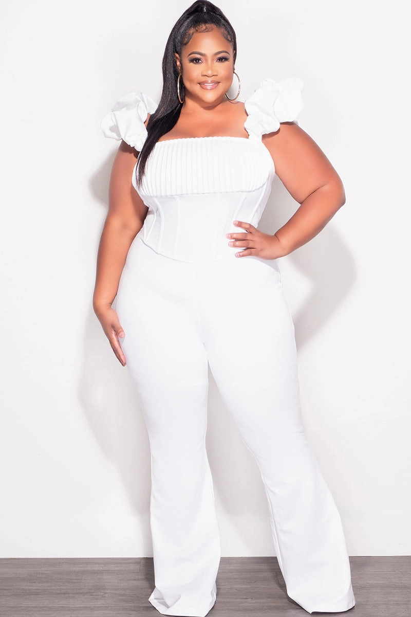 Sleek Fit SlimFit Final Sale Plus Size Off the Shoulder Ruffle Sleeve Pleated Corset Jumpsuit in White