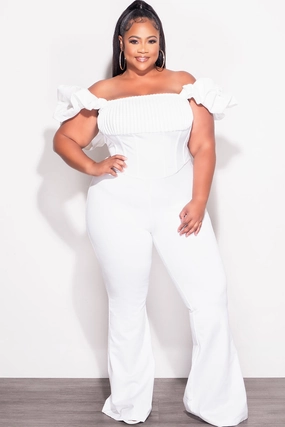 Comfort Waist Water resistant coating Final Sale Plus Size Off the Shoulder Ruffle Sleeve Pleated Corset Jumpsuit in White