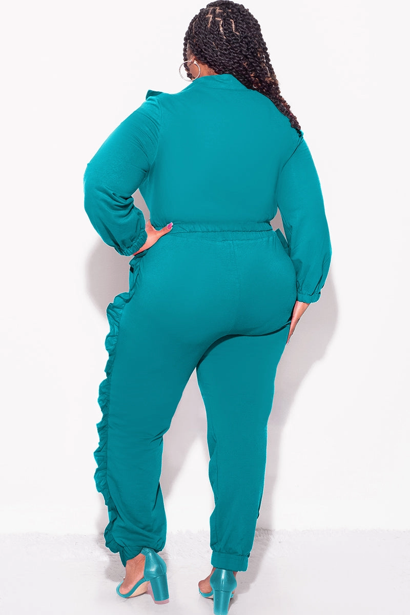 Cozy Stretch Fit Perfect Fit Wear Final Sale Plus Size 2pc Crop Top and Ruffle Pants Set in Teal