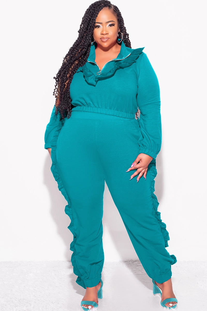 Final Sale Plus Size 2pc Crop Top and Ruffle Pants Set in Teal LightweightWeave
