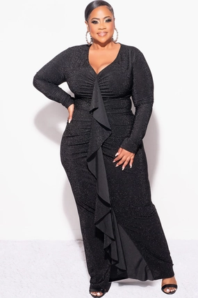 Midweight Texture Compression Fit Technology Final Sale Plus Size V-Neck Gown with Ruched Center & Ruffle in Black Glitter Lurex Fabric