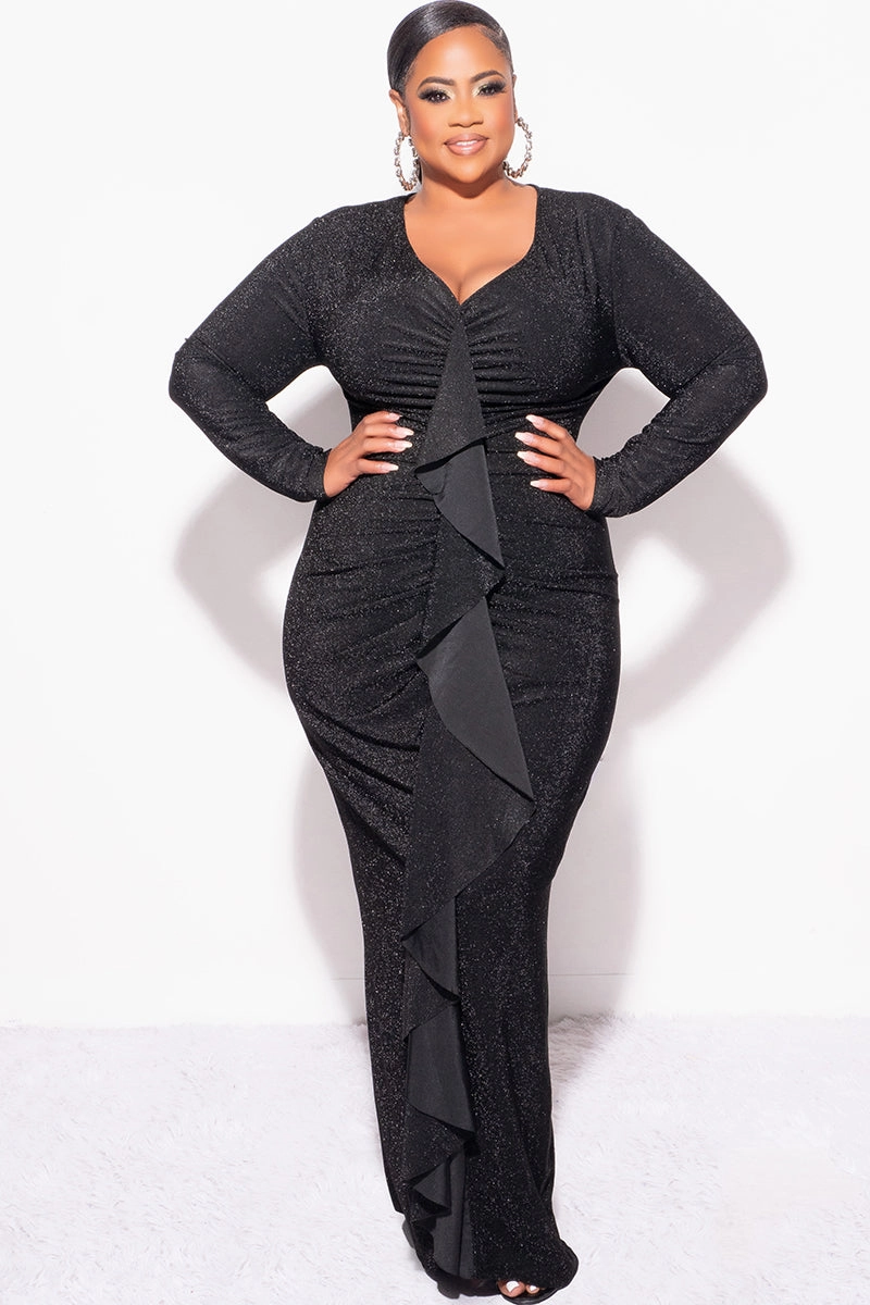 Final Sale Plus Size V-Neck Gown with Ruched Center & Ruffle in Black Glitter Lurex Fabric BrushedInnerSurface