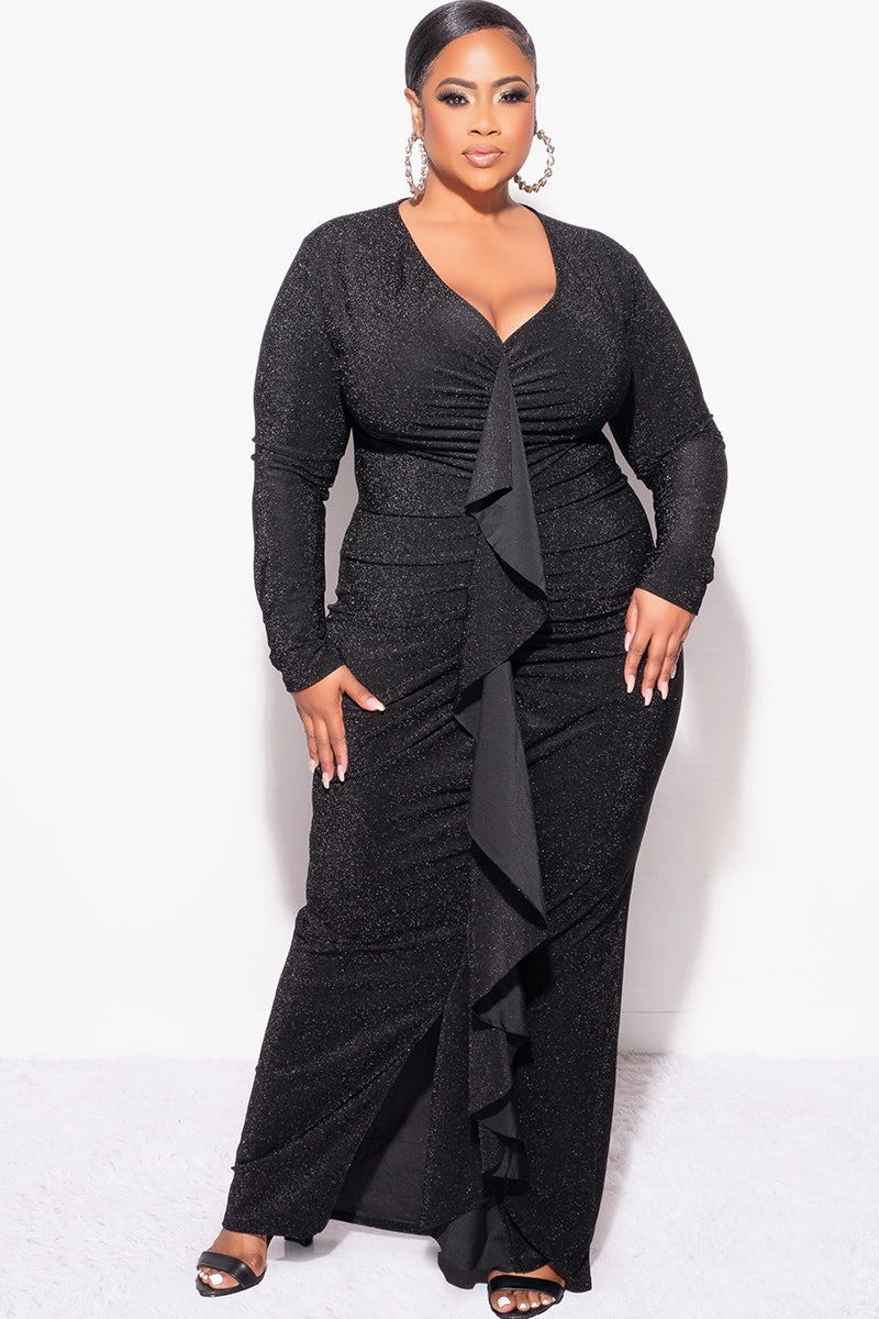 Final Sale Plus Size V-Neck Gown with Ruched Center & Ruffle in Black Glitter Lurex Fabric DoubleLayeredShoulders