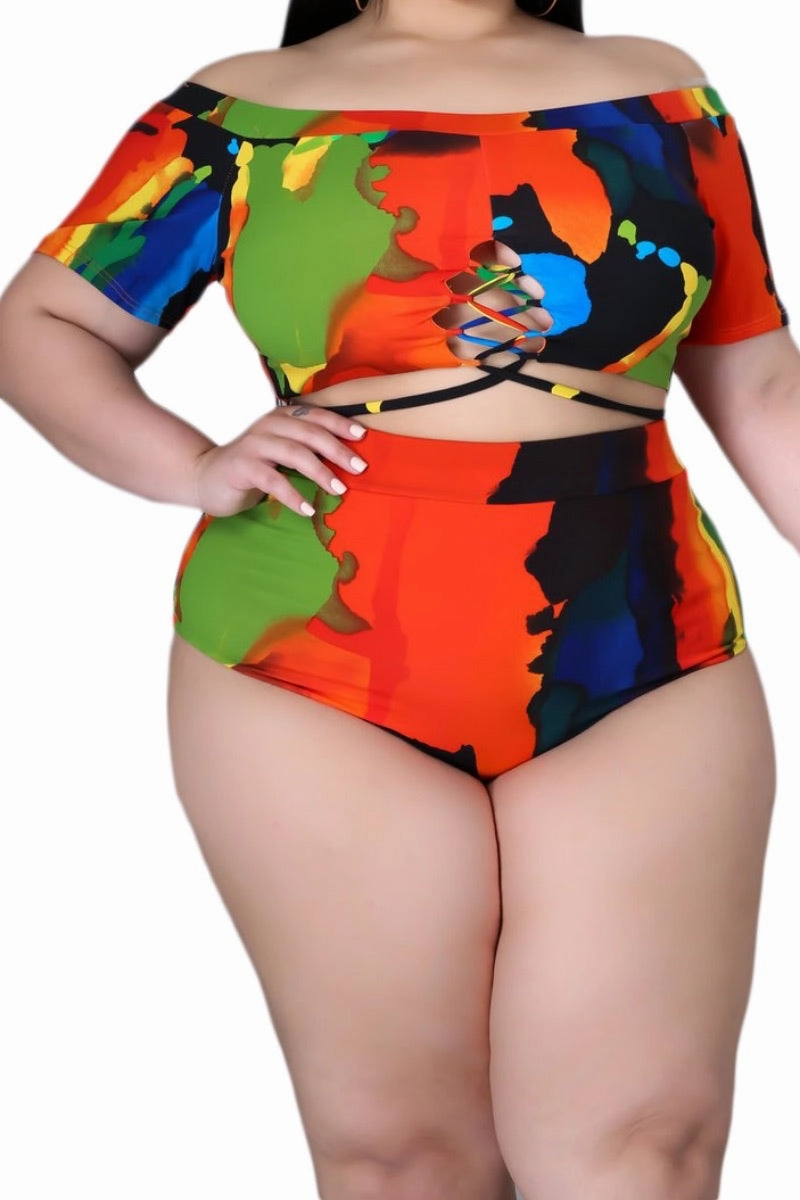 Everyday Comfort Fit Final Sale Plus Size 2-Pc Poolside Playsuit (Off The Shoulder Crop Top & High Waist Bottoms) in Multi-Colors