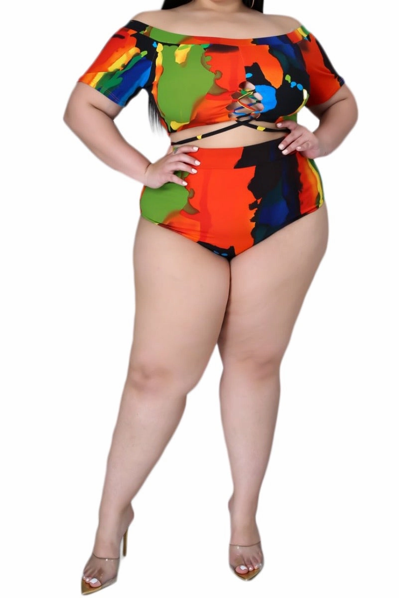 Final Sale Plus Size 2-Pc Poolside Playsuit (Off The Shoulder Crop Top & High Waist Bottoms) in Multi-Colors Sport Wear Fit