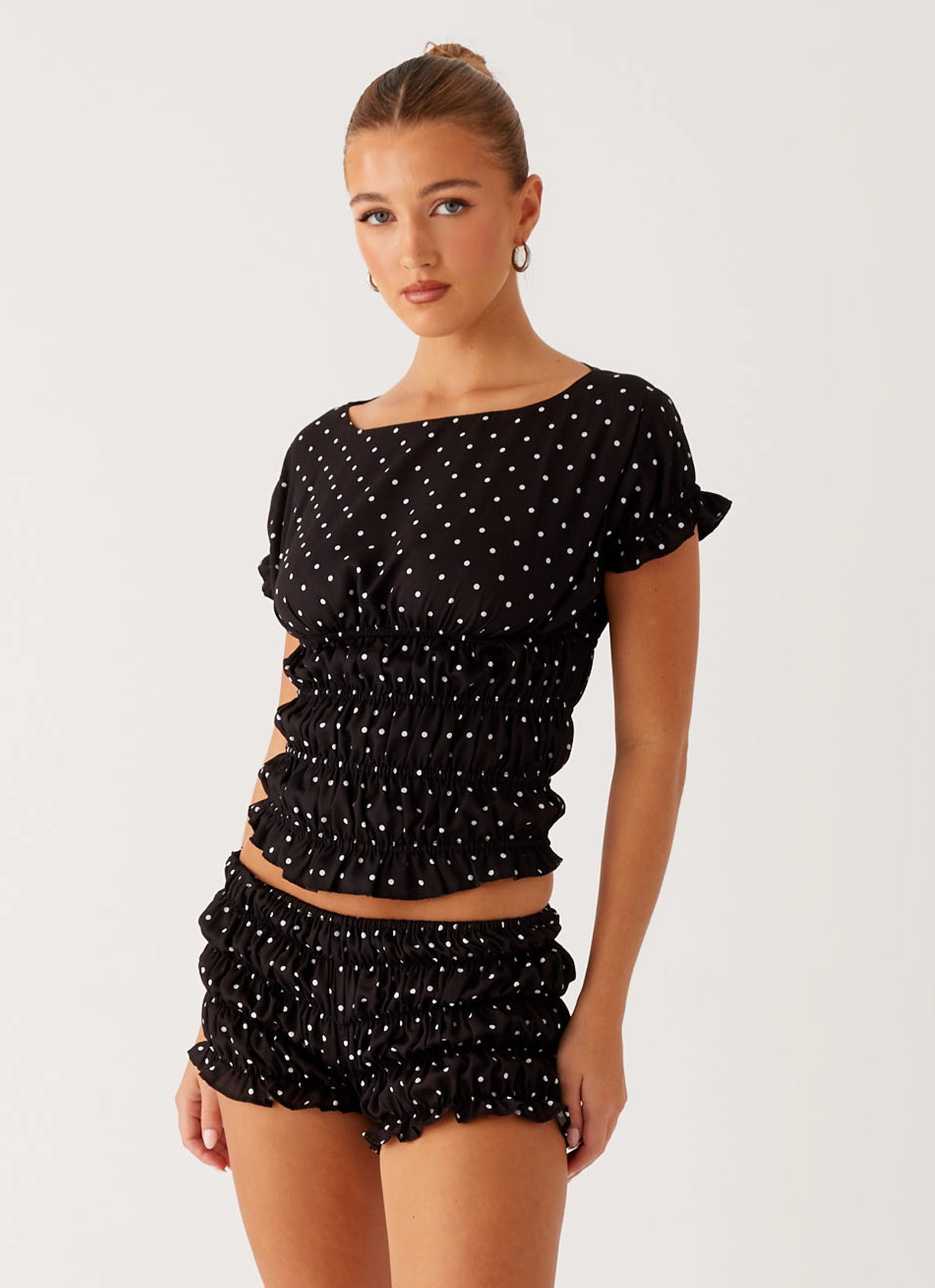 Natalia Ruched Top - Black Polka Dot Polished Casual