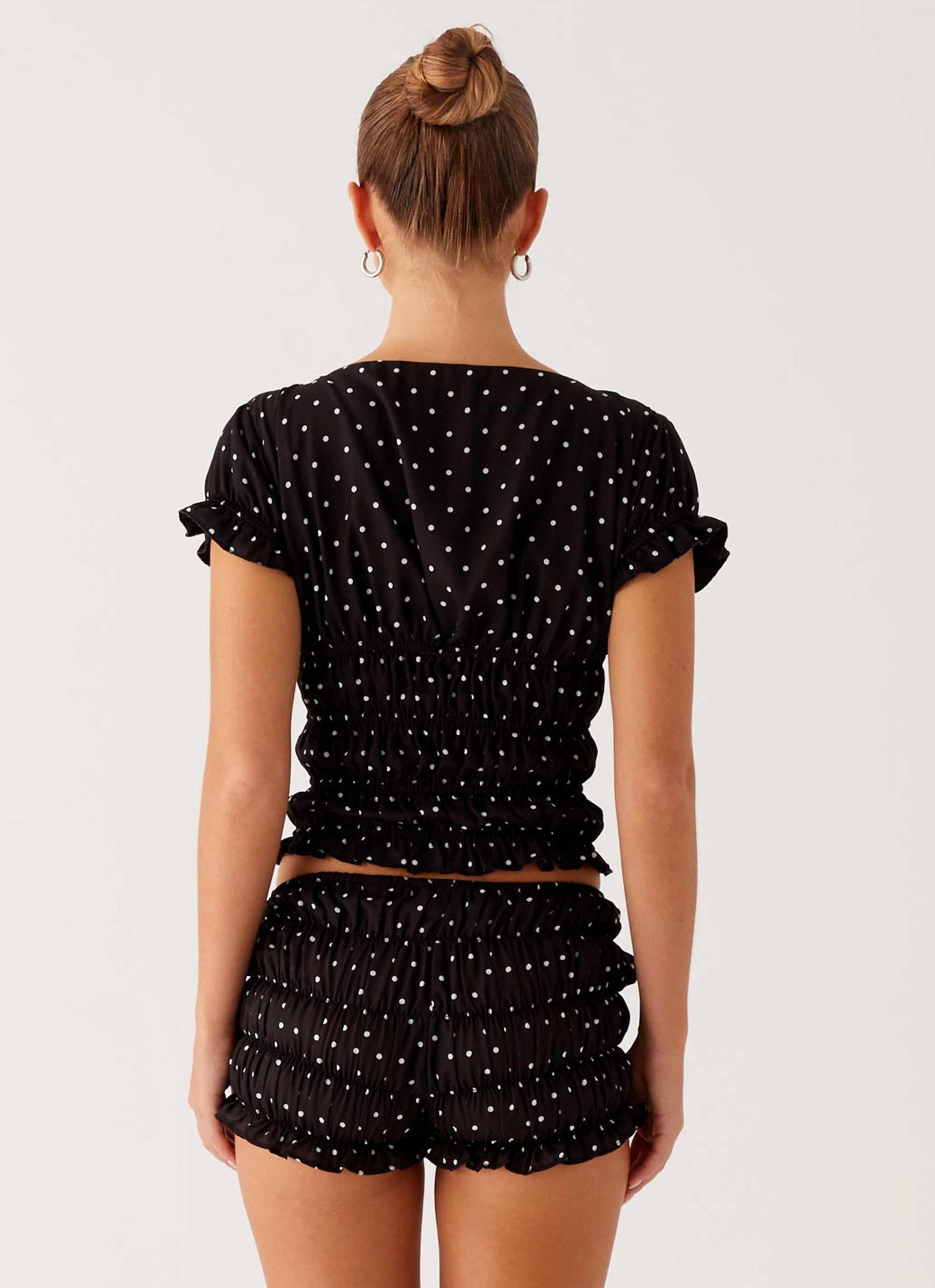 Reinforced Stress Points High Collar Windguard Natalia Ruched Top - Black Polka Dot