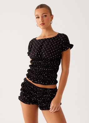 Cold Ready Look Smart Casual Natalia Ruched Top - Black Polka Dot
