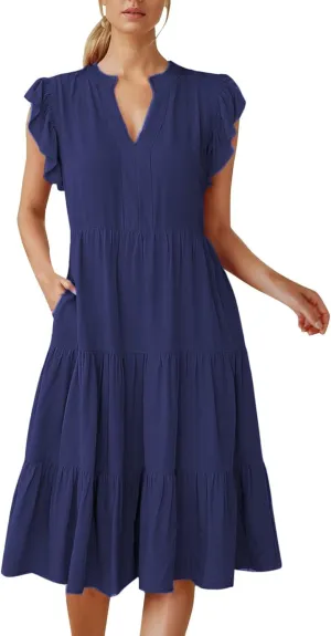 Wedding Guest Dresses for Women 2025 Flowy A Line Cap Sleeve V Neck Casual Midi Sundress Summer Beach Vacation