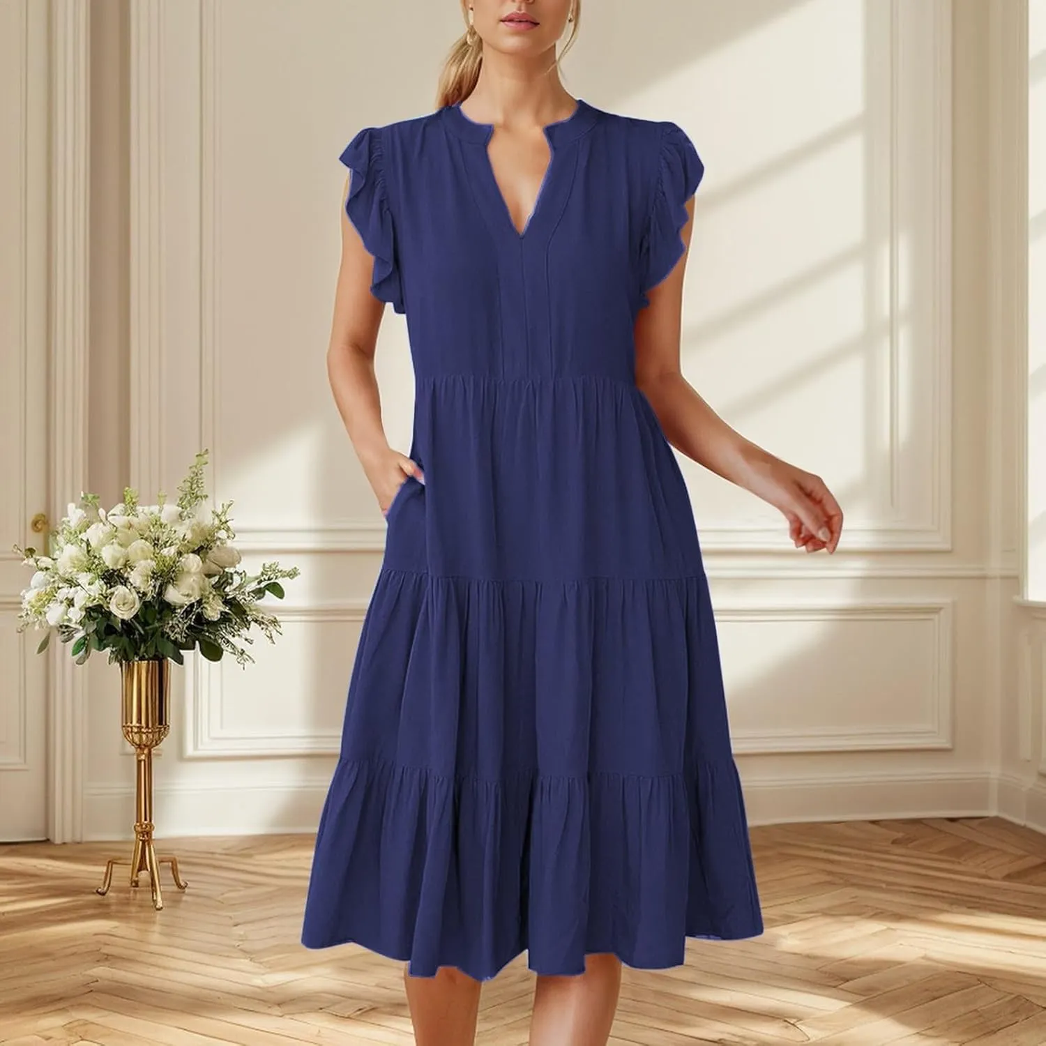 Wedding Guest Dresses for Women 2025 Flowy A Line Cap Sleeve V Neck Casual Midi Sundress Summer Beach Vacation